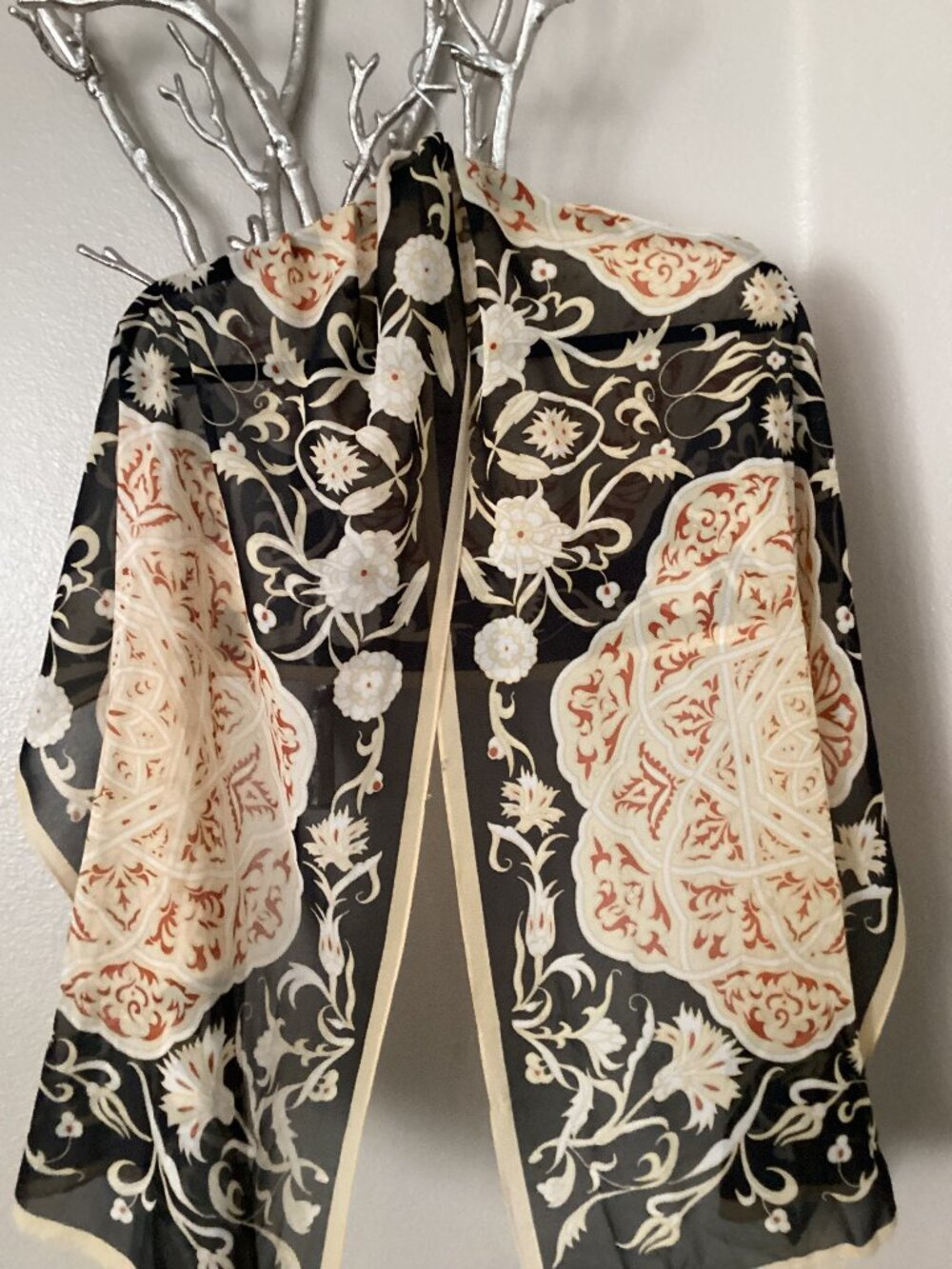 Black, gold, red flowered scarf shawl wrap (62" x 20")